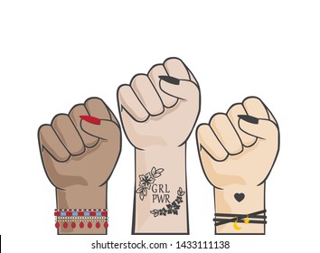 Girl Power vector illustration. Protesting women hands. Diversity and women empowerment concept.