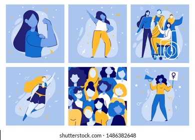 Girl Power Vector Illustration Set. Cartoon Women Together. Woman Superhero. Feminist Movement Demonstration. Multiethnic Multiracial Diversity Equality. Feminism Rights Fight Protest