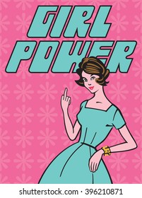 Girl Power vector illustration with stereotypical retro 1950s housewife making a rude gesture or giving the finger.