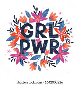 Girl Power vector illustration, stylish print for t shirts, posters, cards and prints with flowers and floral elements.Feminism quote and woman motivational slogan.Women's movement concept.