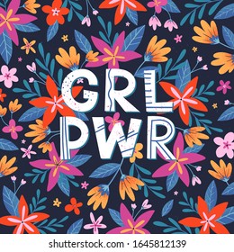 Girl Power vector illustration, stylish print for t shirts, posters, cards and prints with flowers and floral elements.Feminism quote and woman motivational slogan.Women's movement concept