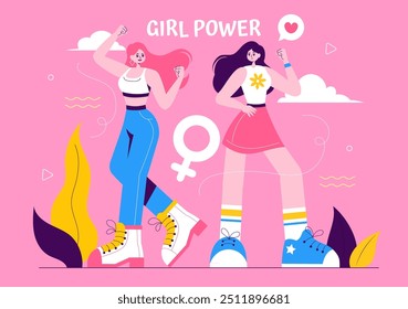 Girl Power Vector Illustration to Women as Strong and Independent, Advocating for Women's Rights and Diversity in a Flat Style Cartoon Background