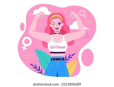 Ilustración vectorial del poder de las niñas a las mujeres como fuertes y Independientes, abogando por los derechos y la diversidad de las mujeres en un fondo de dibujos animados de estilo plano