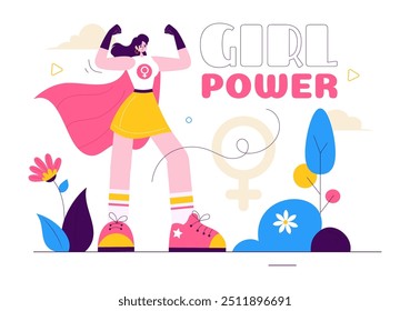 Girl Power Vector Illustration to Women as Strong and Independent, Advocating for Women's Rights and Diversity in a Flat Style Cartoon Background