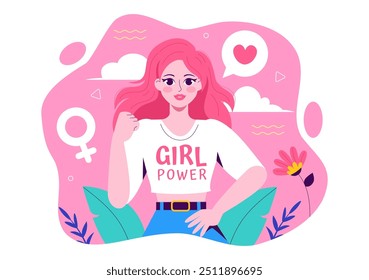 Ilustración vectorial del poder de las niñas a las mujeres como fuertes y Independientes, abogando por los derechos y la diversidad de las mujeres en un fondo de dibujos animados de estilo plano