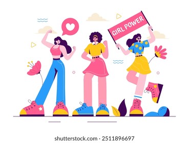 Girl Power Vector Illustration to Women as Strong and Independent, Advocating for Women's Rights and Diversity in a Flat Style Cartoon Background