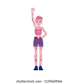 Girl power vector illustration with young caucasian tattooed woman with short hair standing with her fist raised up in flat style isolated on white background - fighting for women rights concept.