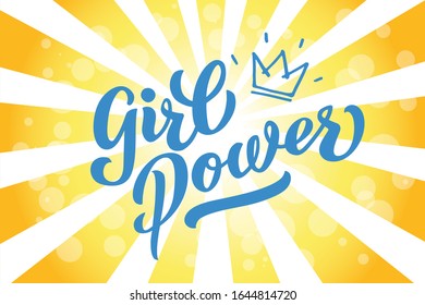 Girl power vector lettering of hand drawn. GIRL POWER yellow sunshine background. Feminist slogan, phrase or quote. Modern vector illustration for t-shirt, sweatshirt or other apparel print. EPS  10