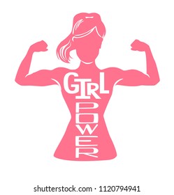 Girl power. Vector lettering illustration with pink female silhouette doing bicep curl and hand written inspirational message. Motivational feminist card, poster or print design.