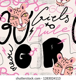 Girl Power Vector Pattern With Leopard Illustration. Fashionable Template For Design. Graffiti Style.