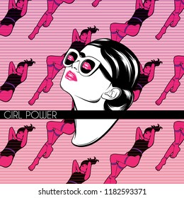 Girl power. Vector poster with hand drawn illustration of girl in sunglasses. Artwork made in vaporwave style. Template for card, banner, print for t-shirt, pin, badge, patch.