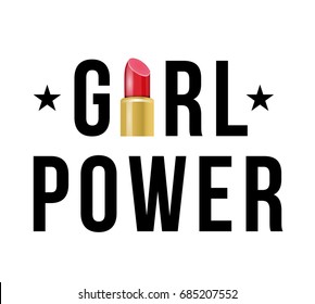 Afiche del vector de potencia femenina con elementos de frase y decoración. Lema de feminismo con lápiz labial y estrellas. Tarjeta de tipografía aislada. Diseño para camisetas e impresiones.