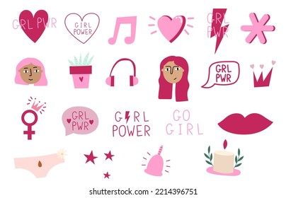 Girl power vector set of illustrations. Feminism concept. Pink girly stickers and motivational lettering. Feminism big set of illustrations