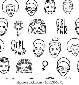 Girl power woman face feminist seamless pattern. Hand drawn People of color religion inspiration graphic design typography Simple vector textile element Protest patriarchy sexism misogyny female voice