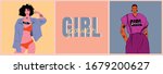 Girl power. Woman with tattoo. Trendy hipster brunette girl. Feminist activist. Modern strong women movement. Fashion casual style. 