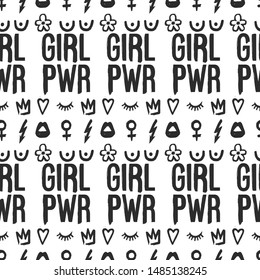 Girl power and women and feminist symbols seamless. Feminism pattern. Black elements on white background. Woman textile design. Female hand drawn brush graphic.