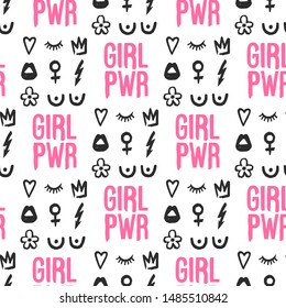 Girl power and women and feminist symbols seamless. Feminism pattern. Black elements on white background. Woman textile design. Female hand drawn brush graphic.