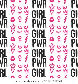Girl power and women and feminist symbols vertical stripes seamless. Feminism pattern. Black and pink elements on white background. Woman textile design. Female hand drawn brush graphic.