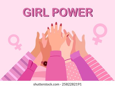 Girl power. Women hands together. International women’s day concept in flat design on pink background vector illustration.