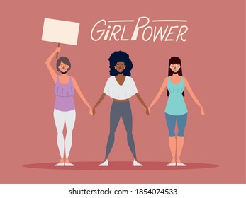 girl power, women with placard and holding hands vector illustration