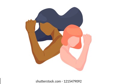 Girl power women rights movement vector illustration concept in trendy style with female characters with hands and fists raised up. Diverse women different ethnicity standing together. Diversity icon.