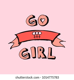 Girl power. Words with retro hand draw ribbon. Doodle vector icon, symbol, design illustration on pink background. Can be used for feminism. posters, t-shirt, postcard, banner.