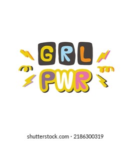 Girl power. Y2K. Funny cartoon illustration. Vector quote. Comic element for sticker, poster, graphic tee print, bullet journal cover, card. 1990s, 1980s, 2000s style. Bright colors