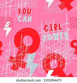 Girl power and you can lettering seamless pattern with papercut style mirror symbol, tangle lines, flash and dots. Abstract repeat design with pink and red vector graphic. 