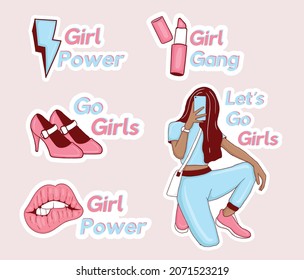 Girl powers stickers Collection with girl illustration and some elements
