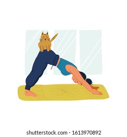 Girl practices downward-facing dog asana at home and her cat sits on her at the moment on her back. Fun and trendy hand drawn style vector colorful illustration on isolated background.