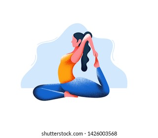 the girl practices yoga, a beautiful flat style pose, bright juicy colors with a grainy texture.