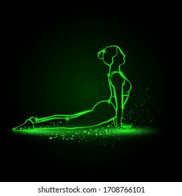 Girl practices yoga in cobra pose. Vector green neon Urdhva mukha svanasana illustration.