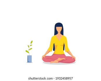 A girl practices yoga exercises on a mat at home. Vector illustration.