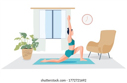 Girl practices yoga at home vector illustration. Makes exercises strengthen the legs, arms and muscles of the back. Female enjoying physical activity and healthy lifestyle. 