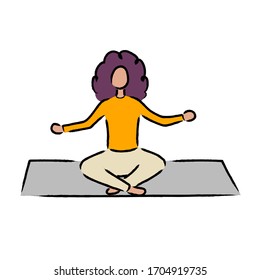 The girl practices yoga and meditates on the carpet. Keep calm.