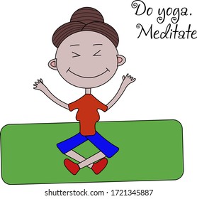 The girl practices yoga on the rug, meditates. The picture shows what you can do at home. Vector image isolated on a white background.
