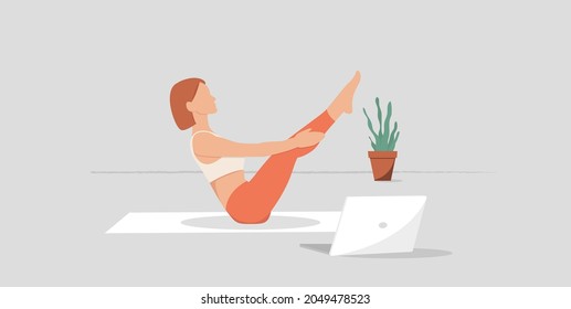 Girl practices yoga online with her laptop, vector illustration