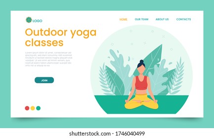The girl practices yoga in the open air. Landing page template. The concept of outdoor yoga.Yoga classes in nature. Flat style. Woman sit in the Lotus position. Banner with a female cartoon character.