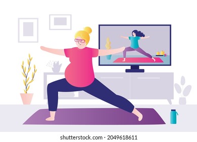 Girl Practices Yoga With Trainer Online. Woman With Pregnant Belly Stands In Warrior Pose. Expectant Mother Does Asanas According To Video Lesson. Active Lifestyle During Pregnancy.Vector Illustration