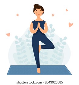 The girl practices yoga. The woman is standing on one leg. Tree pose. Vector flat illustration.