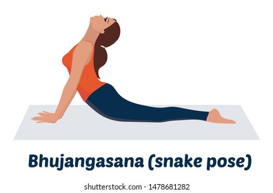The girl practices yoga. Yogini in the pose of Cobra. Asana for stretching, flexibility of the back, opening of the lungs and chest. Search for inner harmony. Enjoying yourself. Snake pose. Vector