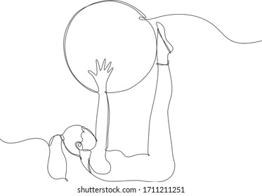 Girl practicing artistic gymnastics with the ball. Workout sport concept. Single line drawing on white background.