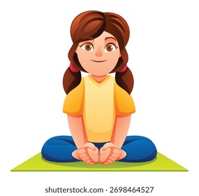 Menina praticando a Pose de Ângulo Fechado (Baddha Konasana) em um tapete, sentada com as solas de seus pés juntos. Ilustração de personagem de desenho animado vetorial