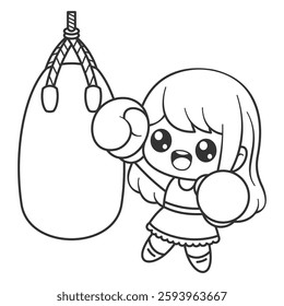 Girl practicing boxing, for coloring