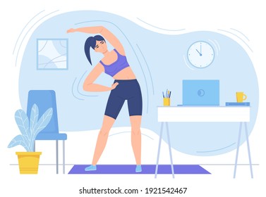 Girl practicing fitness on mat at home. Online sport, healthy lifestyle, remote work break concept. Stock vector illustration isolated on white background in flat cartoon style