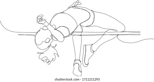 Girl practicing high jump. Continuous line vector illustration on white background.