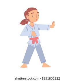 Girl Practicing Karate Martial Art, Kid Doing Sports, Healthy Lifestyle Concept Cartoon Style Vector Illustration