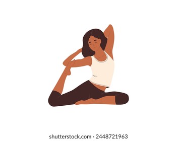 Girl practicing King Pigeon Pose, yoga asana. Woman sitting and stretching in hard difficult posture, flexible position. Female doing exercise. Vector illustration isolated on white background