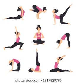 Girl Practicing Various Yoga Positions Set, Slim Sporty Young Woman Training, Meditating, Balancing and Relaxing Flat Style Vector Illustration