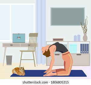 Girl practicing yoga at cabinet with cat. Flat vector illustration